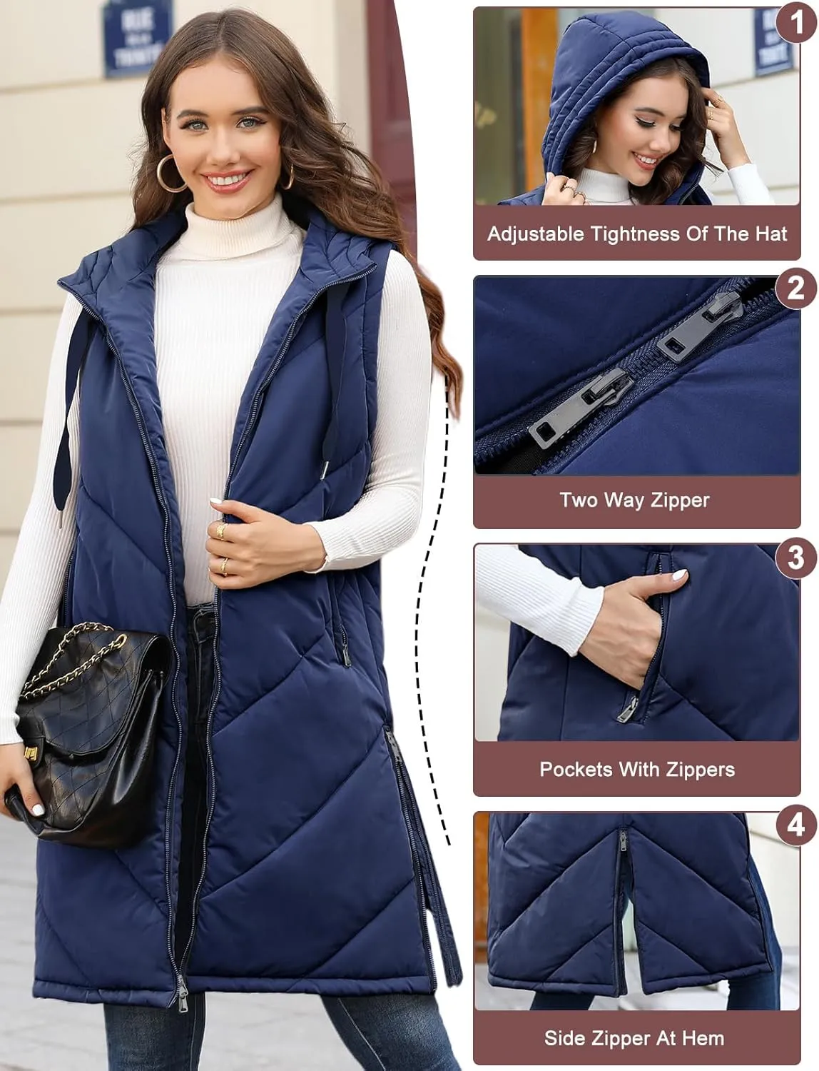HEEKPEK Womens Long Puffer Vest Sleeveless Hooded Zip Up Puffy Jackets 2024 Quilted Winter Coats with Pockets Warm Outerwear