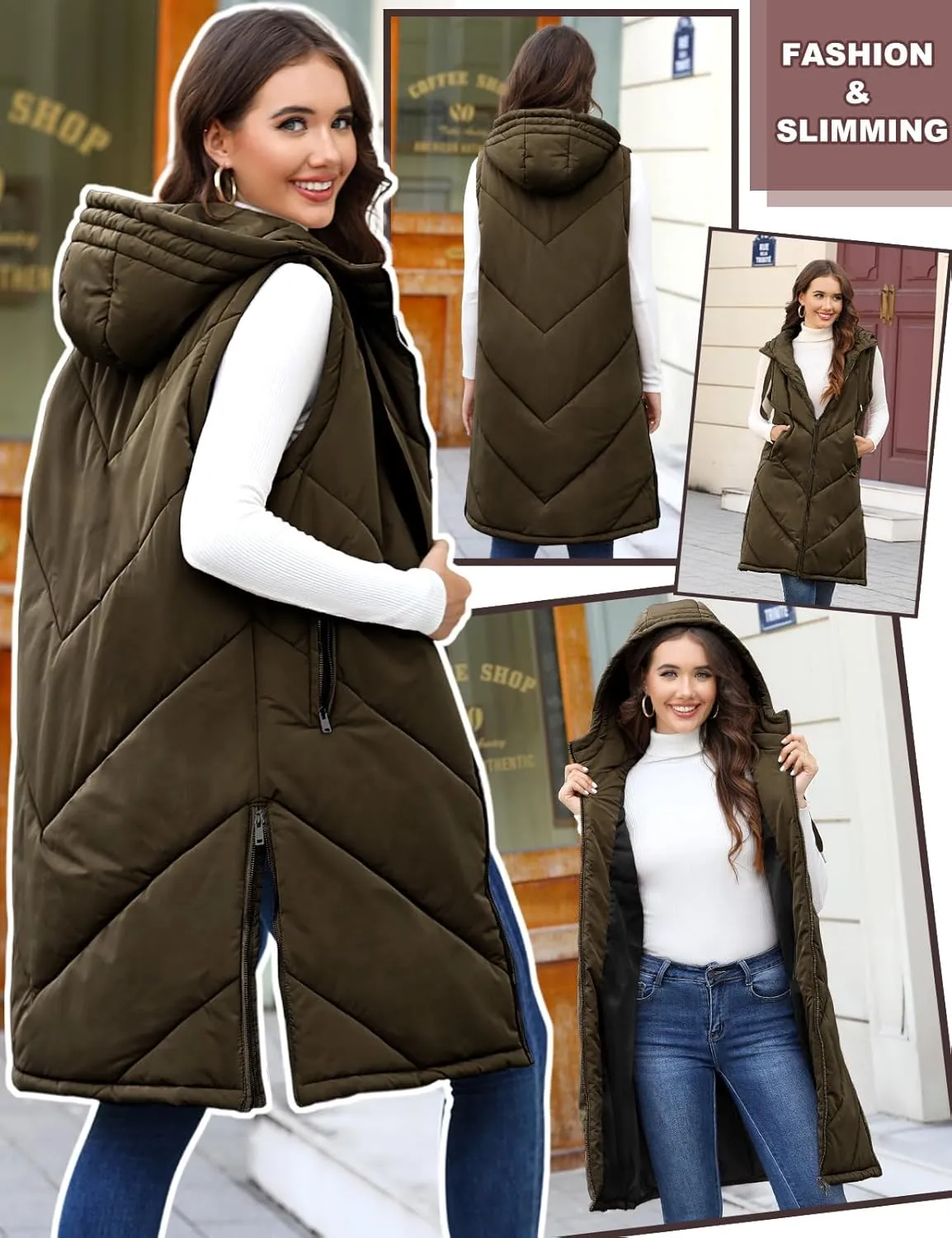 HEEKPEK Womens Long Puffer Vest Sleeveless Hooded Zip Up Puffy Jackets 2024 Quilted Winter Coats with Pockets Warm Outerwear