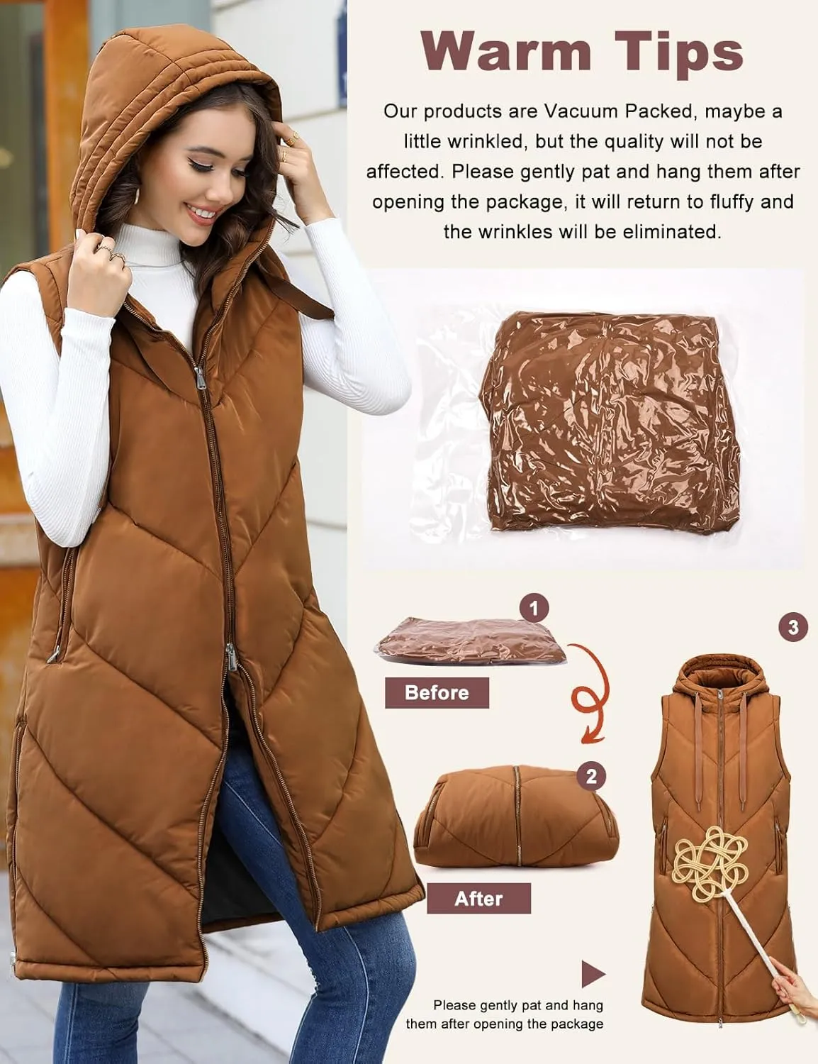 HEEKPEK Womens Long Puffer Vest Sleeveless Hooded Zip Up Puffy Jackets 2024 Quilted Winter Coats with Pockets Warm Outerwear