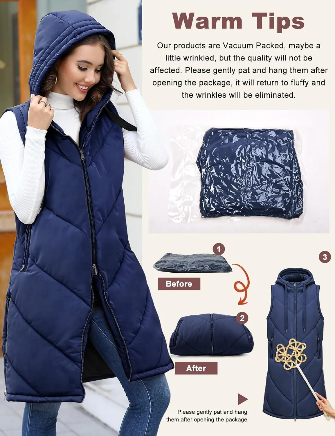 HEEKPEK Womens Long Puffer Vest Sleeveless Hooded Zip Up Puffy Jackets 2024 Quilted Winter Coats with Pockets Warm Outerwear
