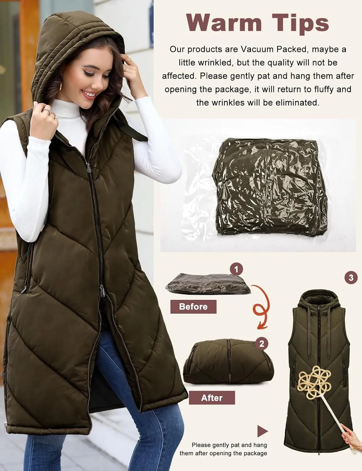 HEEKPEK Womens Long Puffer Vest Sleeveless Hooded Zip Up Puffy Jackets 2024 Quilted Winter Coats with Pockets Warm Outerwear