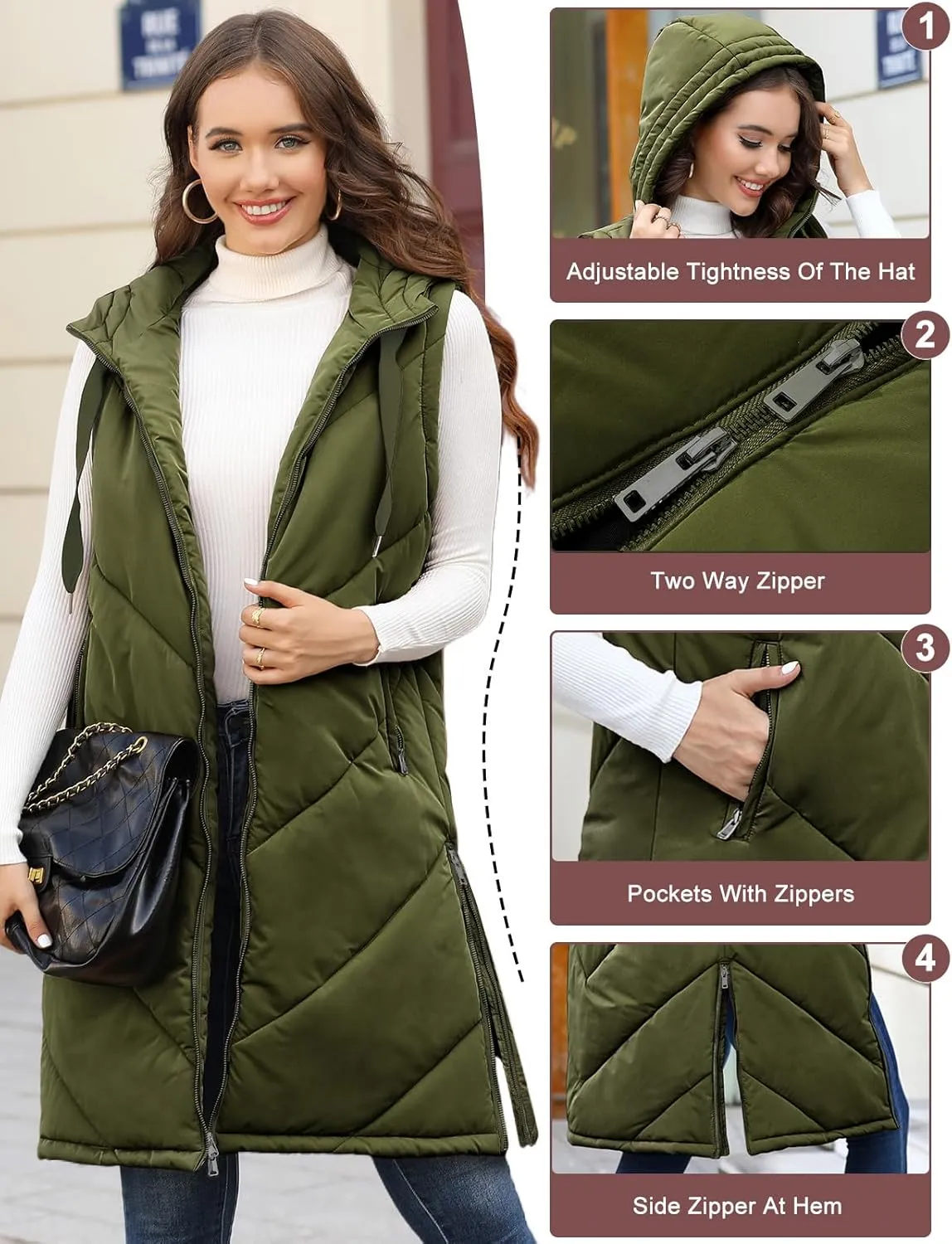 HEEKPEK Womens Long Puffer Vest Sleeveless Hooded Zip Up Puffy Jackets 2024 Quilted Winter Coats with Pockets Warm Outerwear