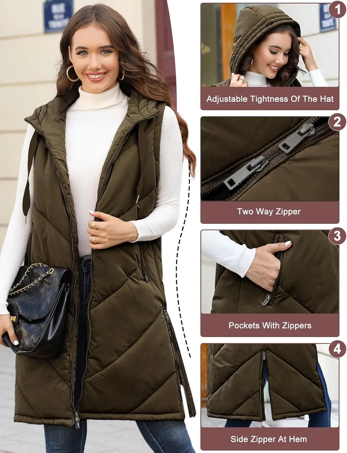 HEEKPEK Womens Long Puffer Vest Sleeveless Hooded Zip Up Puffy Jackets 2024 Quilted Winter Coats with Pockets Warm Outerwear