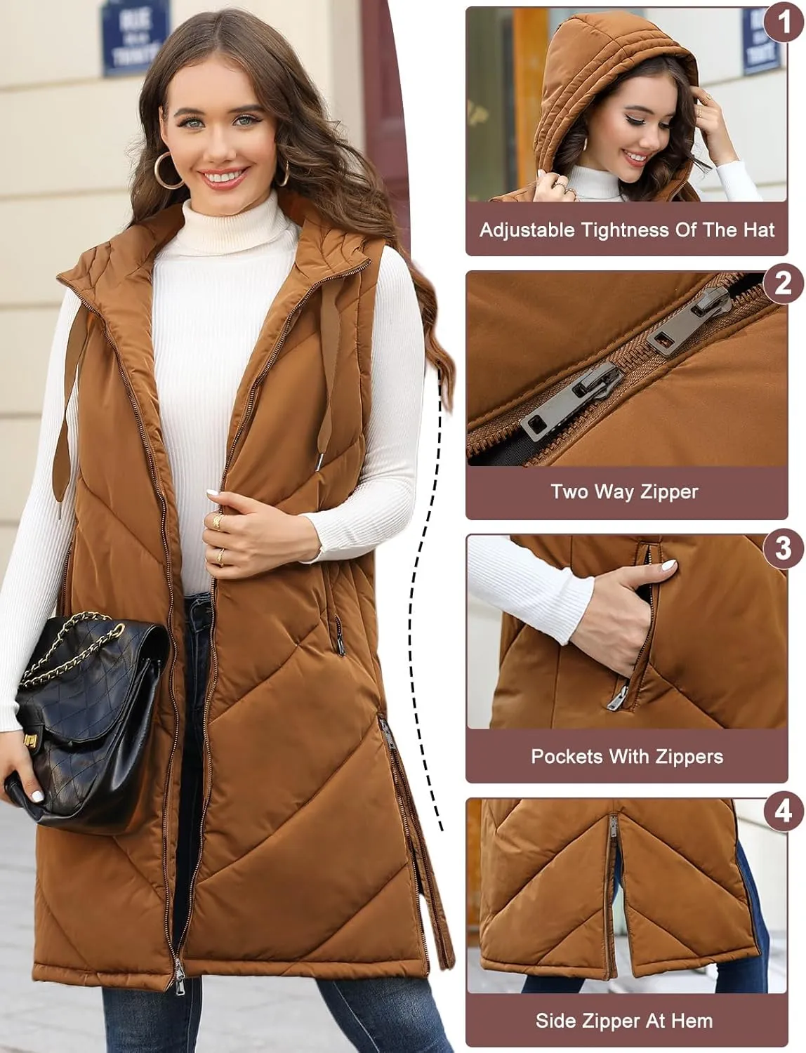 HEEKPEK Womens Long Puffer Vest Sleeveless Hooded Zip Up Puffy Jackets 2024 Quilted Winter Coats with Pockets Warm Outerwear