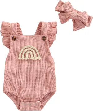 Hnyenmcko Newborn Baby Boy Girls Clothes Infant Rainbow Romper Waffle Ruffled Sleeveless Backless Bodysuit Jumpsuit Outfit