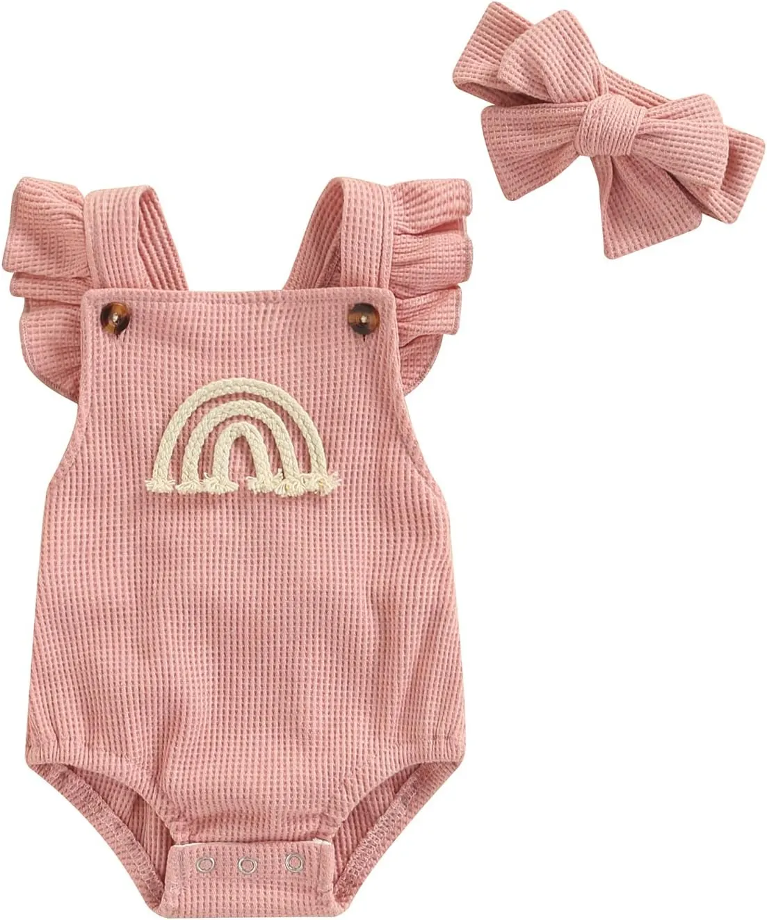 Hnyenmcko Newborn Baby Boy Girls Clothes Infant Rainbow Romper Waffle Ruffled Sleeveless Backless Bodysuit Jumpsuit Outfit