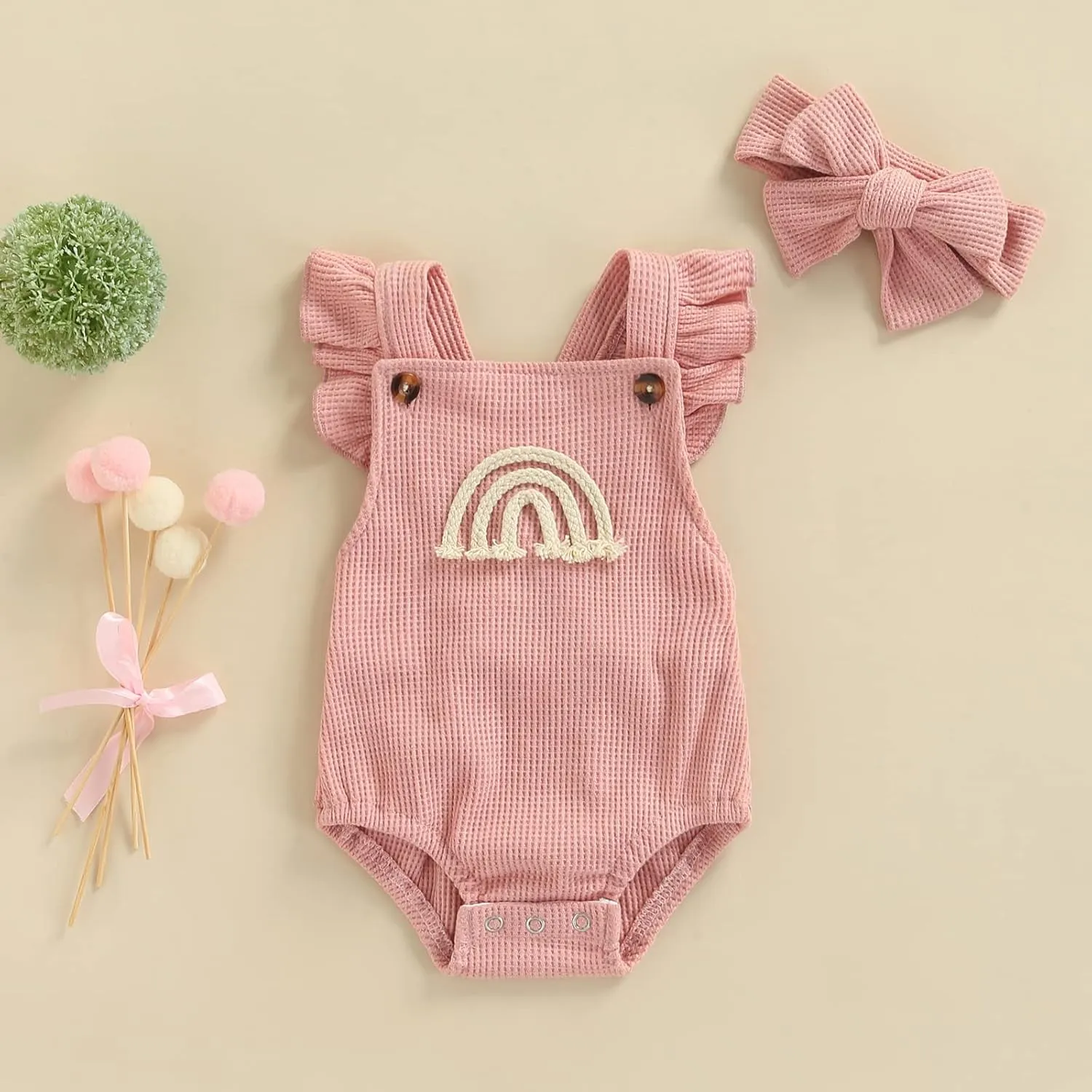 Hnyenmcko Newborn Baby Boy Girls Clothes Infant Rainbow Romper Waffle Ruffled Sleeveless Backless Bodysuit Jumpsuit Outfit