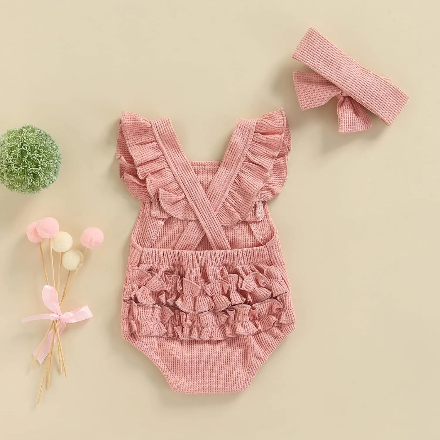 Hnyenmcko Newborn Baby Boy Girls Clothes Infant Rainbow Romper Waffle Ruffled Sleeveless Backless Bodysuit Jumpsuit Outfit