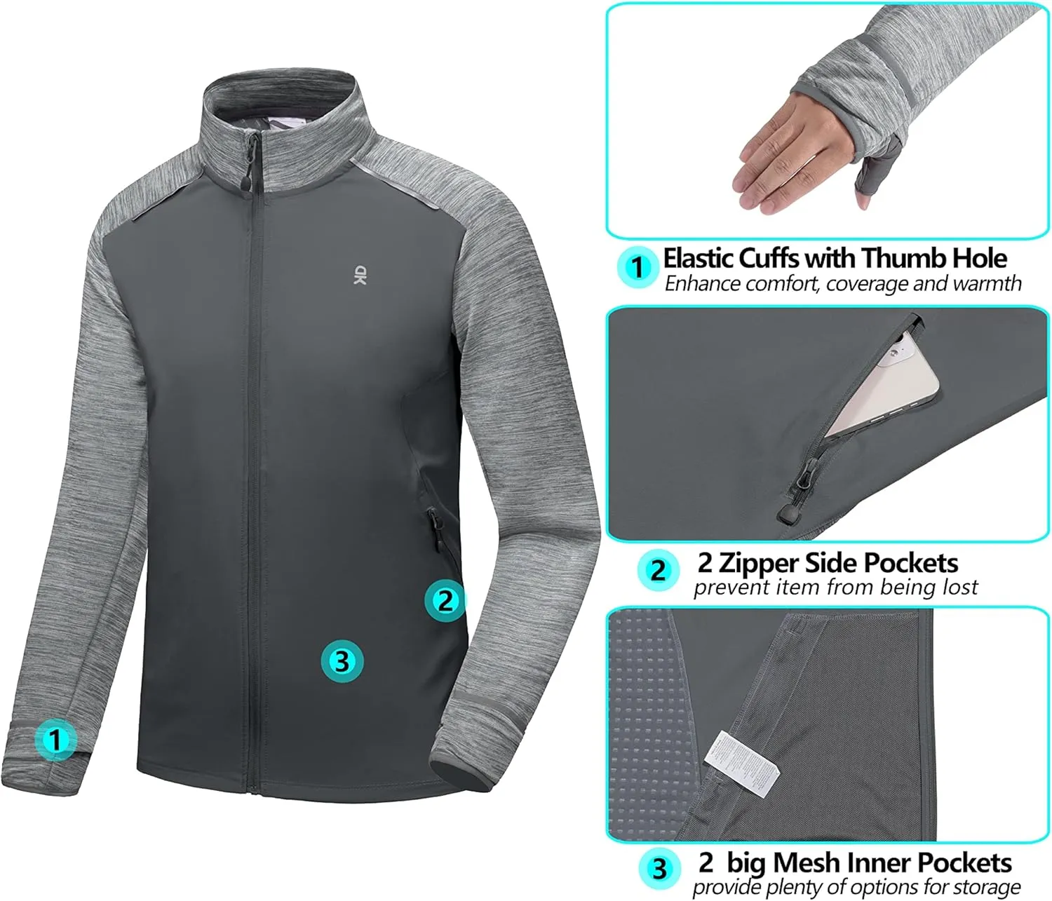 Little Donkey Andy Men's Quick Dry Warm Lightweight Running Jacket Full Zip Thermal Hybrid Thumbholes Golf Track Jacket