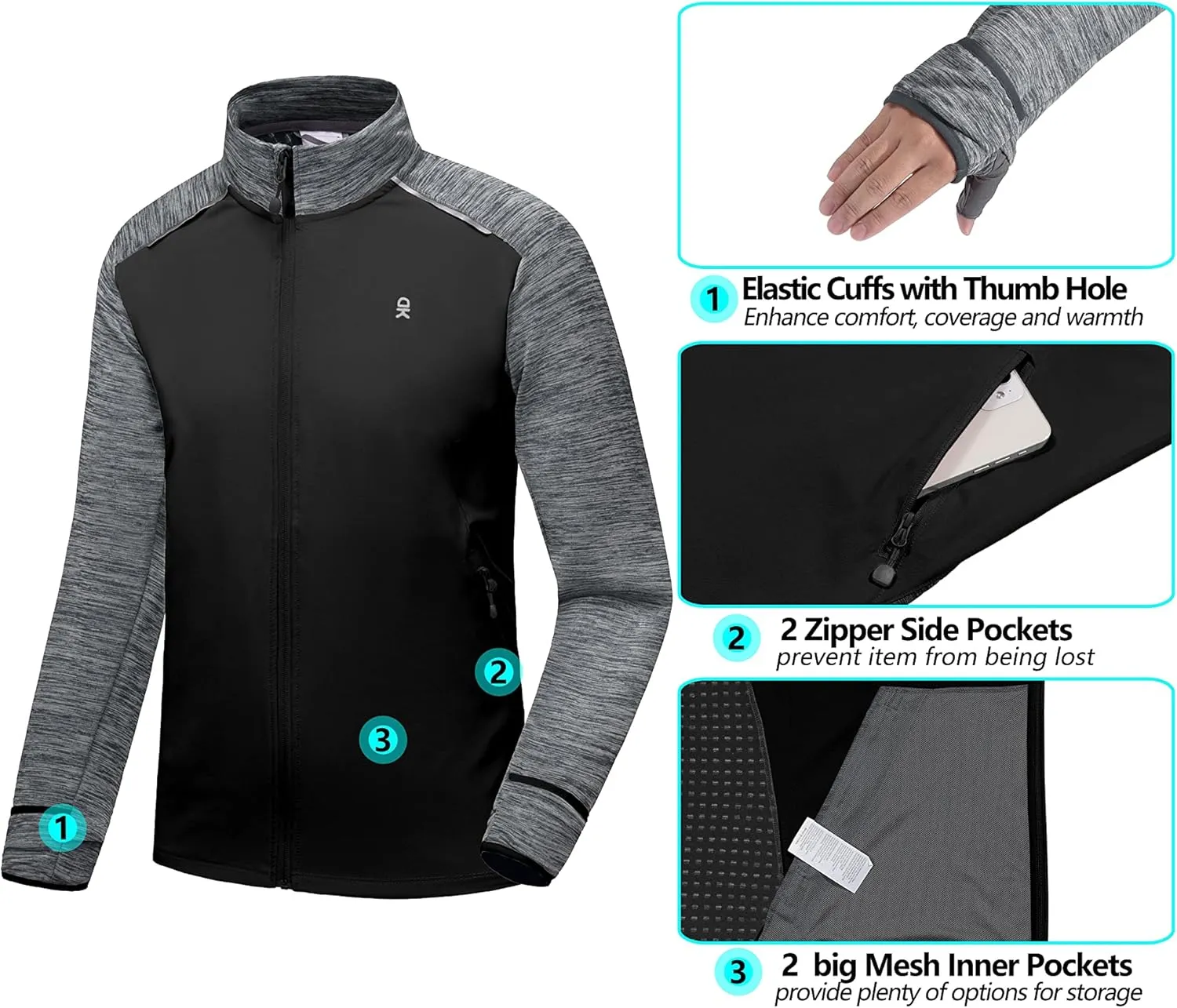 Little Donkey Andy Men's Quick Dry Warm Lightweight Running Jacket Full Zip Thermal Hybrid Thumbholes Golf Track Jacket