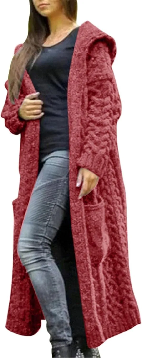 Long Cardigan for Women Long Sleeve Cable Knit Loose Plain Fall Winter Hooded Trench Coat with Pocket Overcoat With Hood