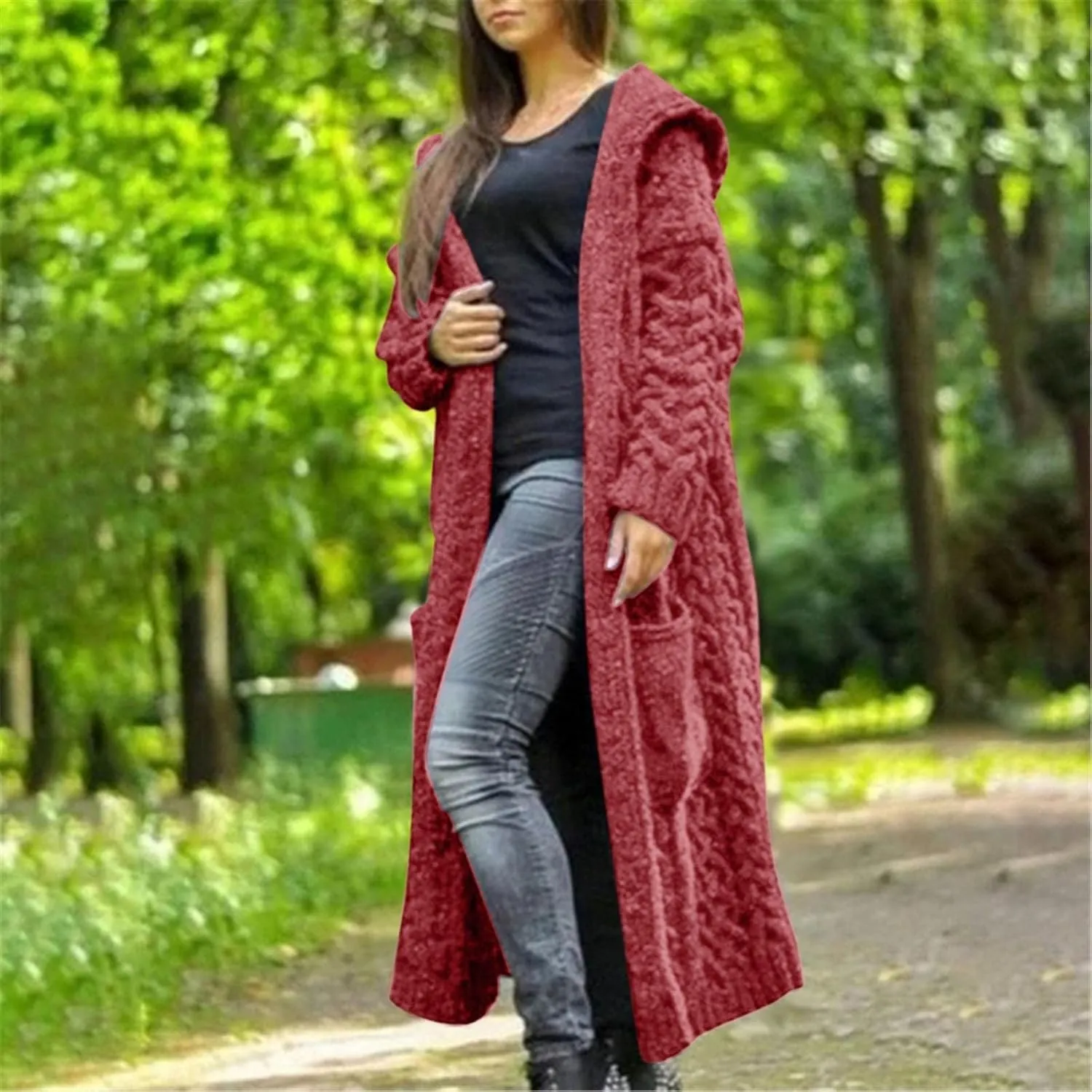 Long Cardigan for Women Long Sleeve Cable Knit Loose Plain Fall Winter Hooded Trench Coat with Pocket Overcoat With Hood