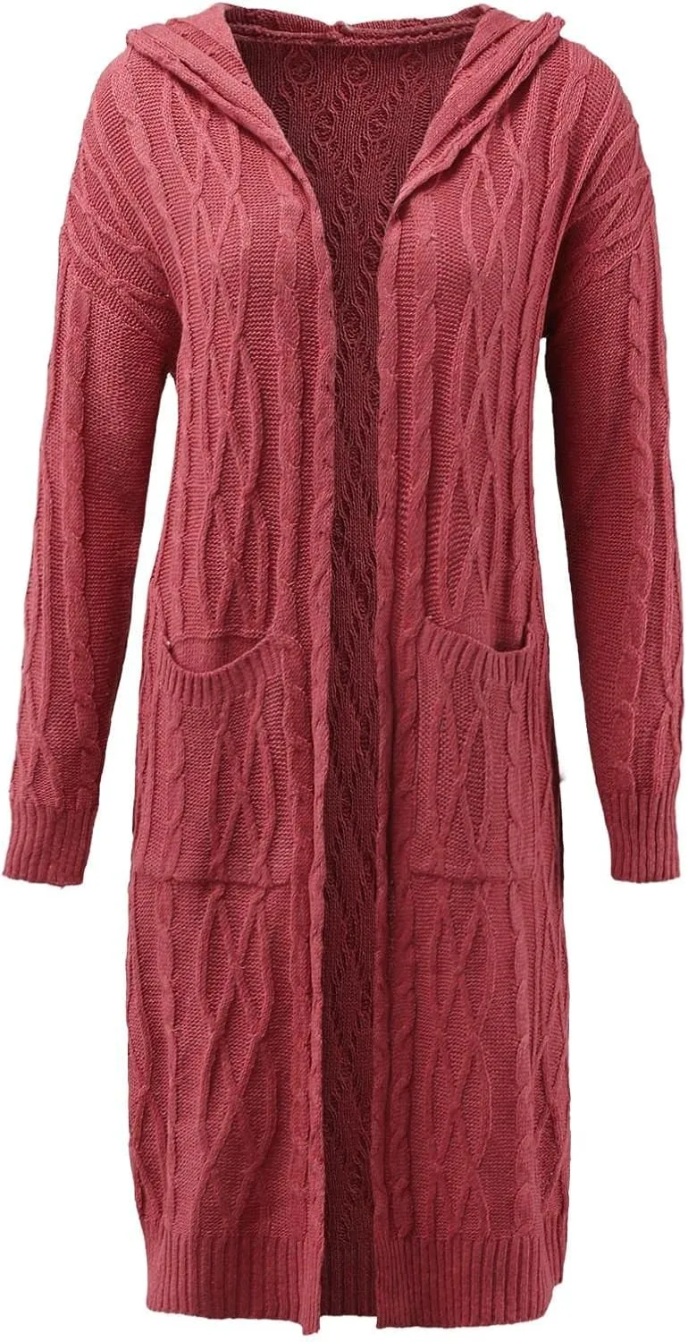 Long Cardigan for Women Long Sleeve Cable Knit Loose Plain Fall Winter Hooded Trench Coat with Pocket Overcoat With Hood