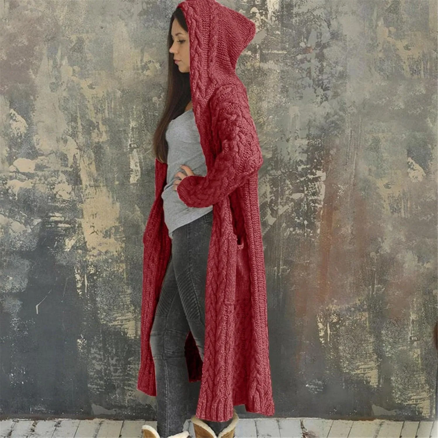 Long Cardigan for Women Long Sleeve Cable Knit Loose Plain Fall Winter Hooded Trench Coat with Pocket Overcoat With Hood