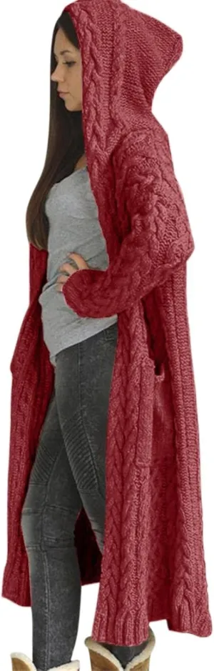 Long Cardigan for Women Long Sleeve Cable Knit Loose Plain Fall Winter Hooded Trench Coat with Pocket Overcoat With Hood