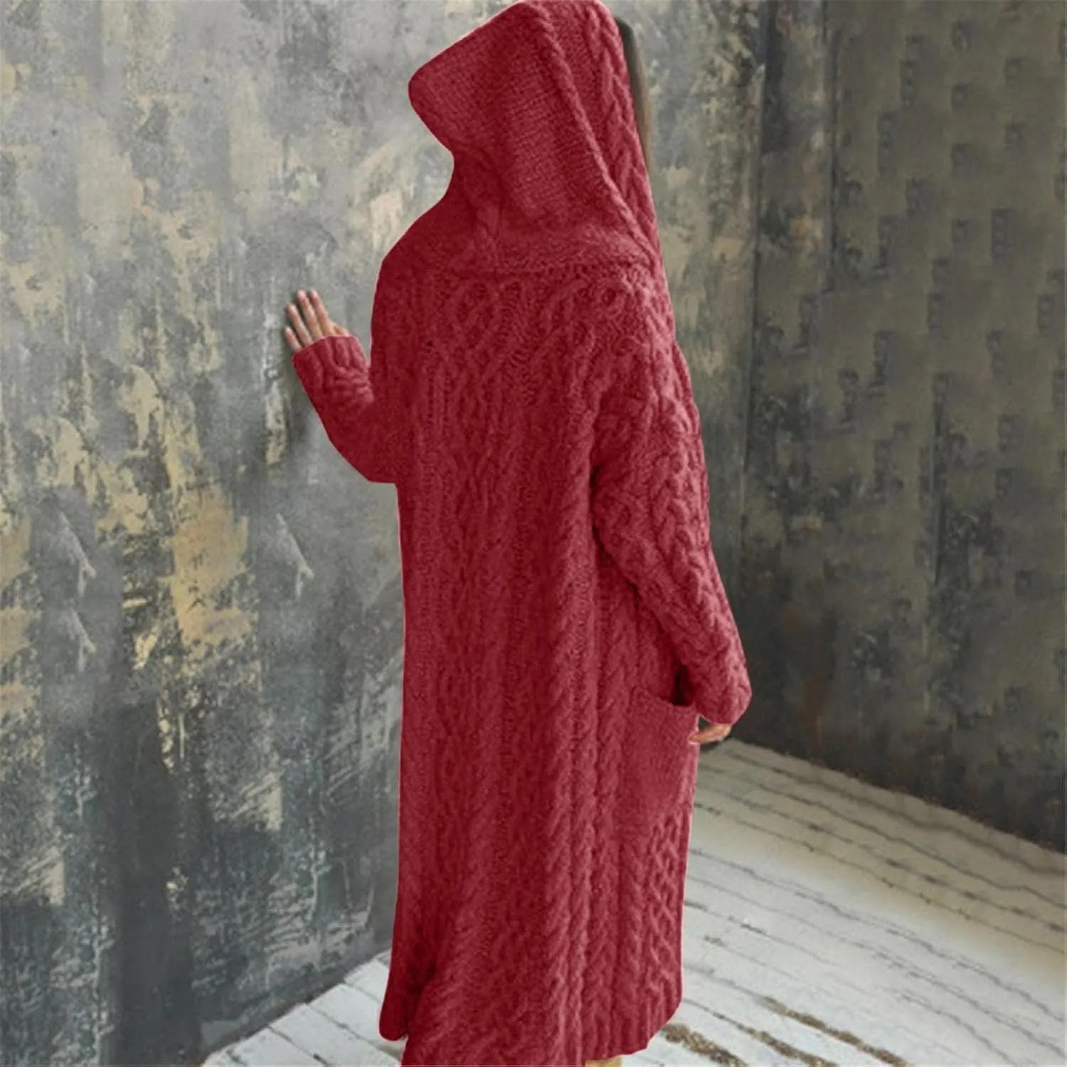 Long Cardigan for Women Long Sleeve Cable Knit Loose Plain Fall Winter Hooded Trench Coat with Pocket Overcoat With Hood