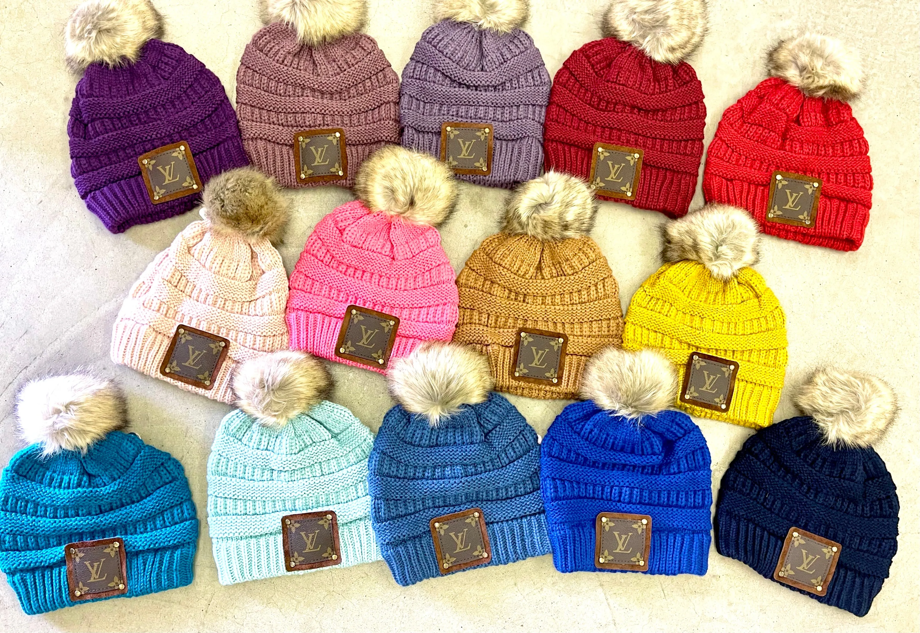 Navy Beanie with brown patch antique hardware
