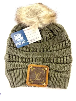 Olive Green Beanie with brown patch antique hardware