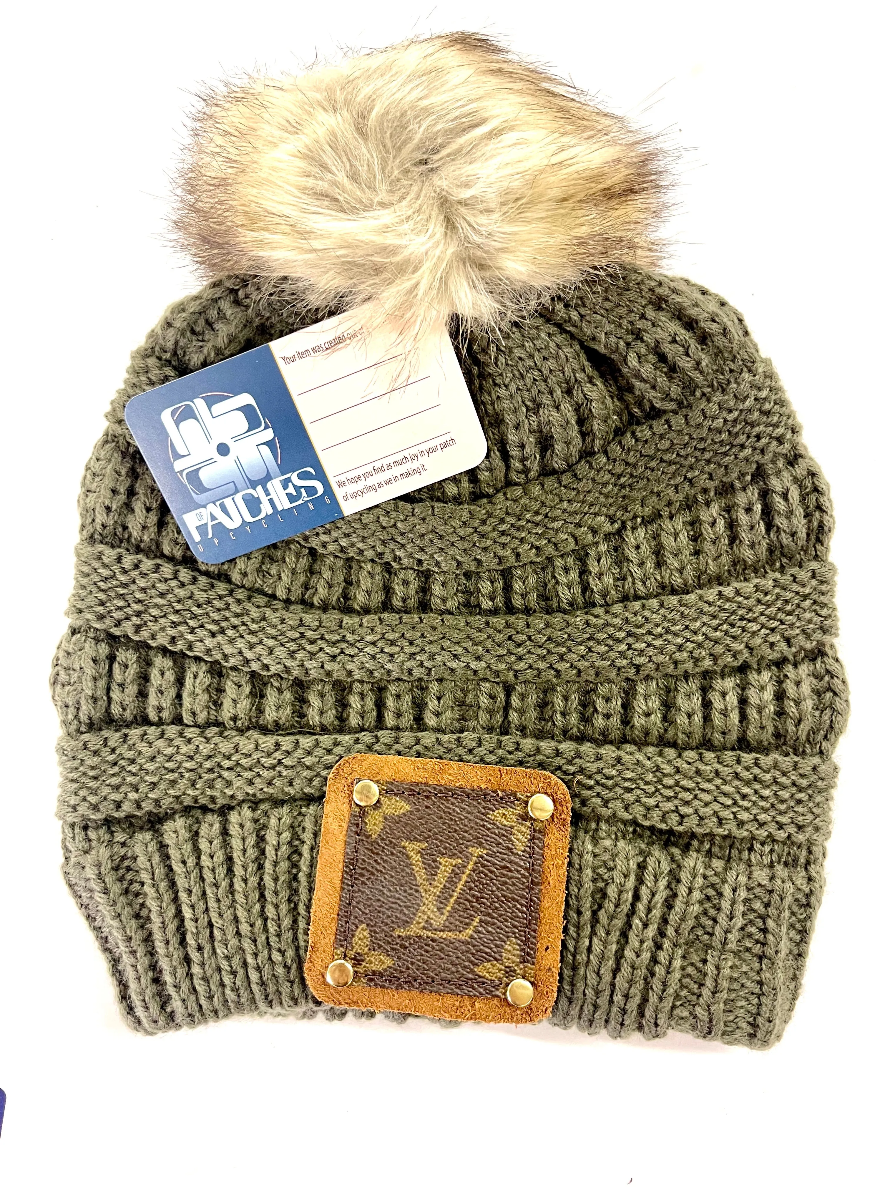 Olive Green Beanie with brown patch antique hardware