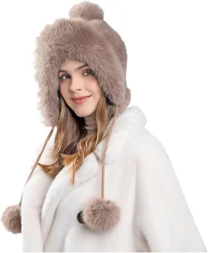 Oplxuo Women Winter Sherpa Beanie Hats Faux Fur Ear Flaps Peruvian Cover Ears Fuzzy Fleece Fluffy Ski Snow Hat 3 Pompoms