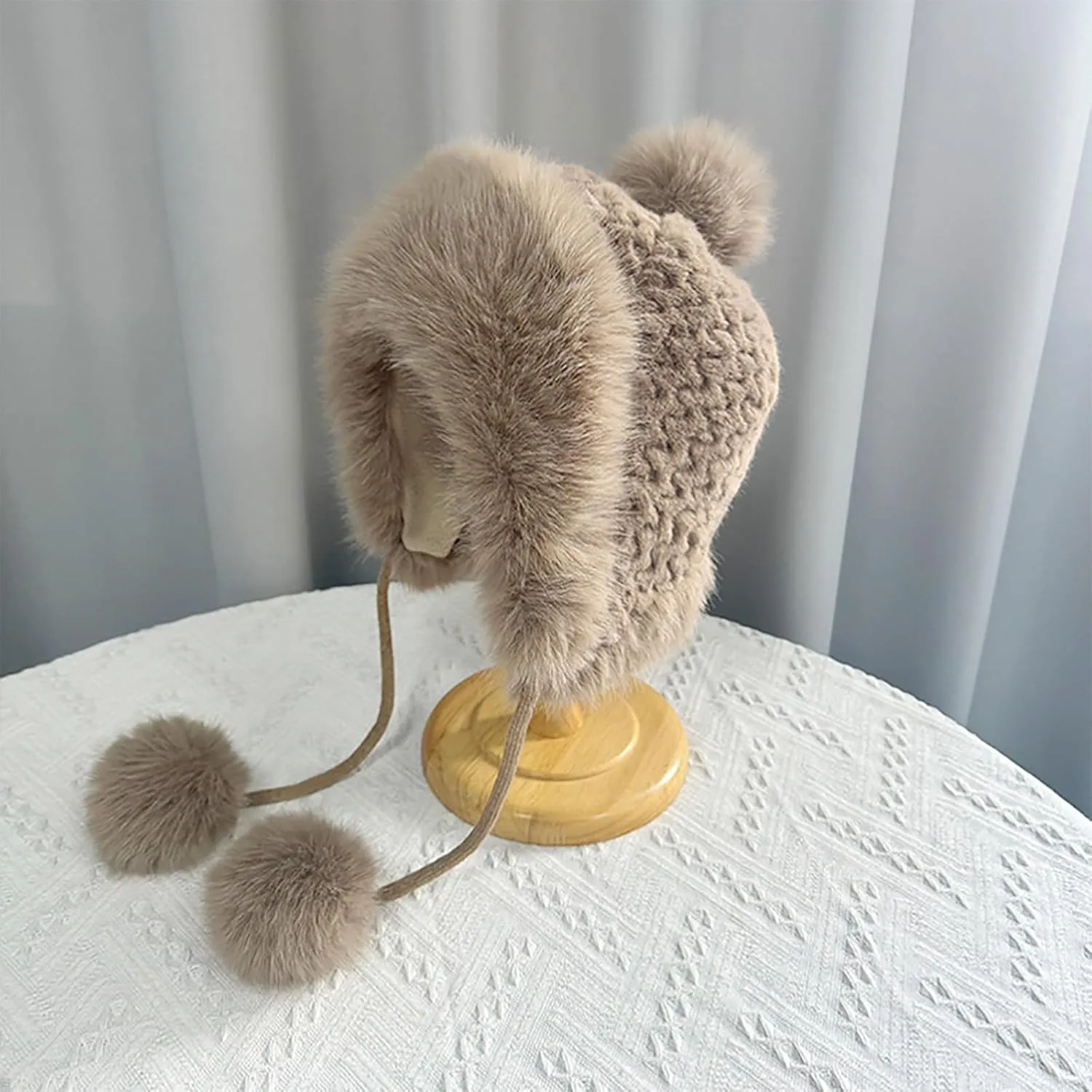 Oplxuo Women Winter Sherpa Beanie Hats Faux Fur Ear Flaps Peruvian Cover Ears Fuzzy Fleece Fluffy Ski Snow Hat 3 Pompoms