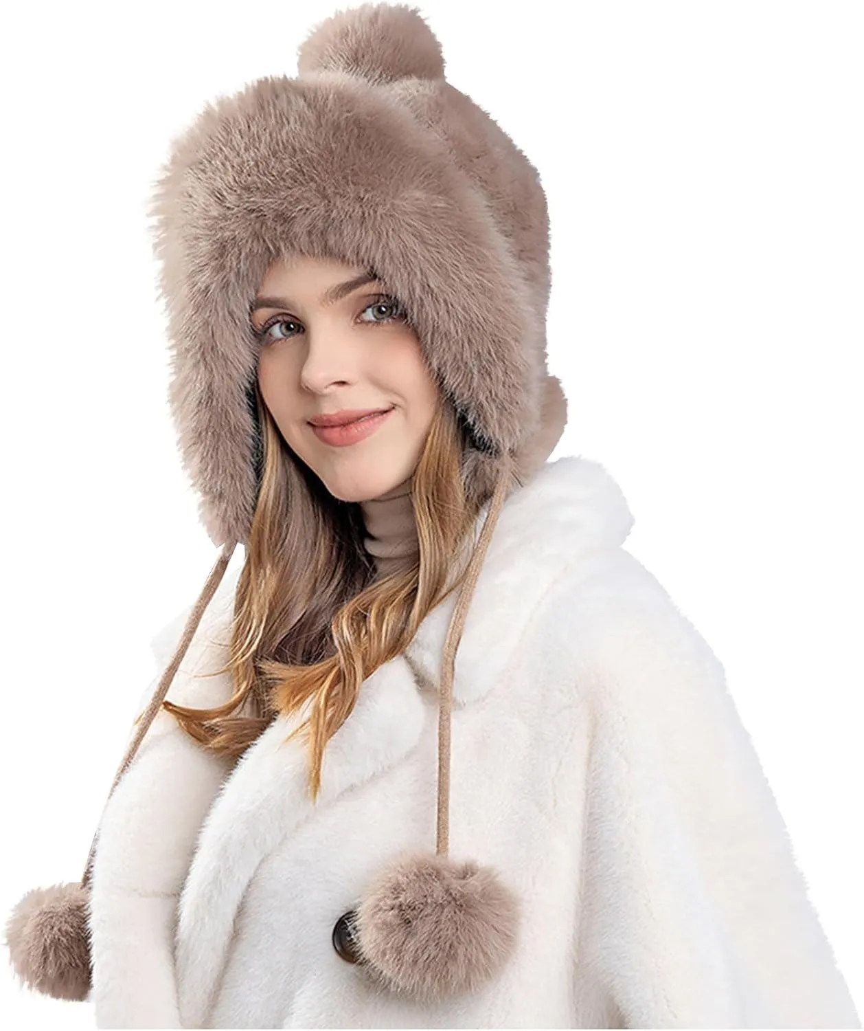 Oplxuo Women Winter Sherpa Beanie Hats Faux Fur Ear Flaps Peruvian Cover Ears Fuzzy Fleece Fluffy Ski Snow Hat 3 Pompoms