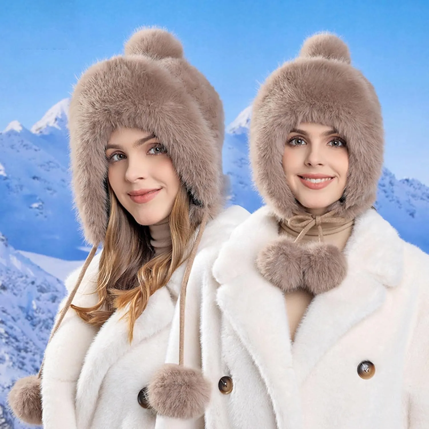 Oplxuo Women Winter Sherpa Beanie Hats Faux Fur Ear Flaps Peruvian Cover Ears Fuzzy Fleece Fluffy Ski Snow Hat 3 Pompoms