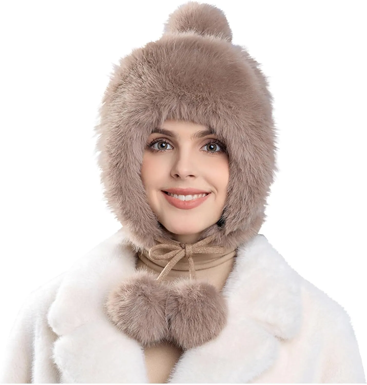 Oplxuo Women Winter Sherpa Beanie Hats Faux Fur Ear Flaps Peruvian Cover Ears Fuzzy Fleece Fluffy Ski Snow Hat 3 Pompoms