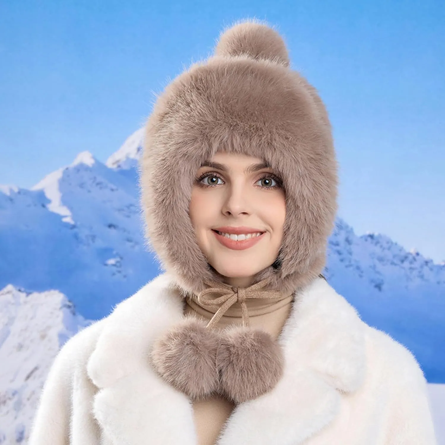 Oplxuo Women Winter Sherpa Beanie Hats Faux Fur Ear Flaps Peruvian Cover Ears Fuzzy Fleece Fluffy Ski Snow Hat 3 Pompoms