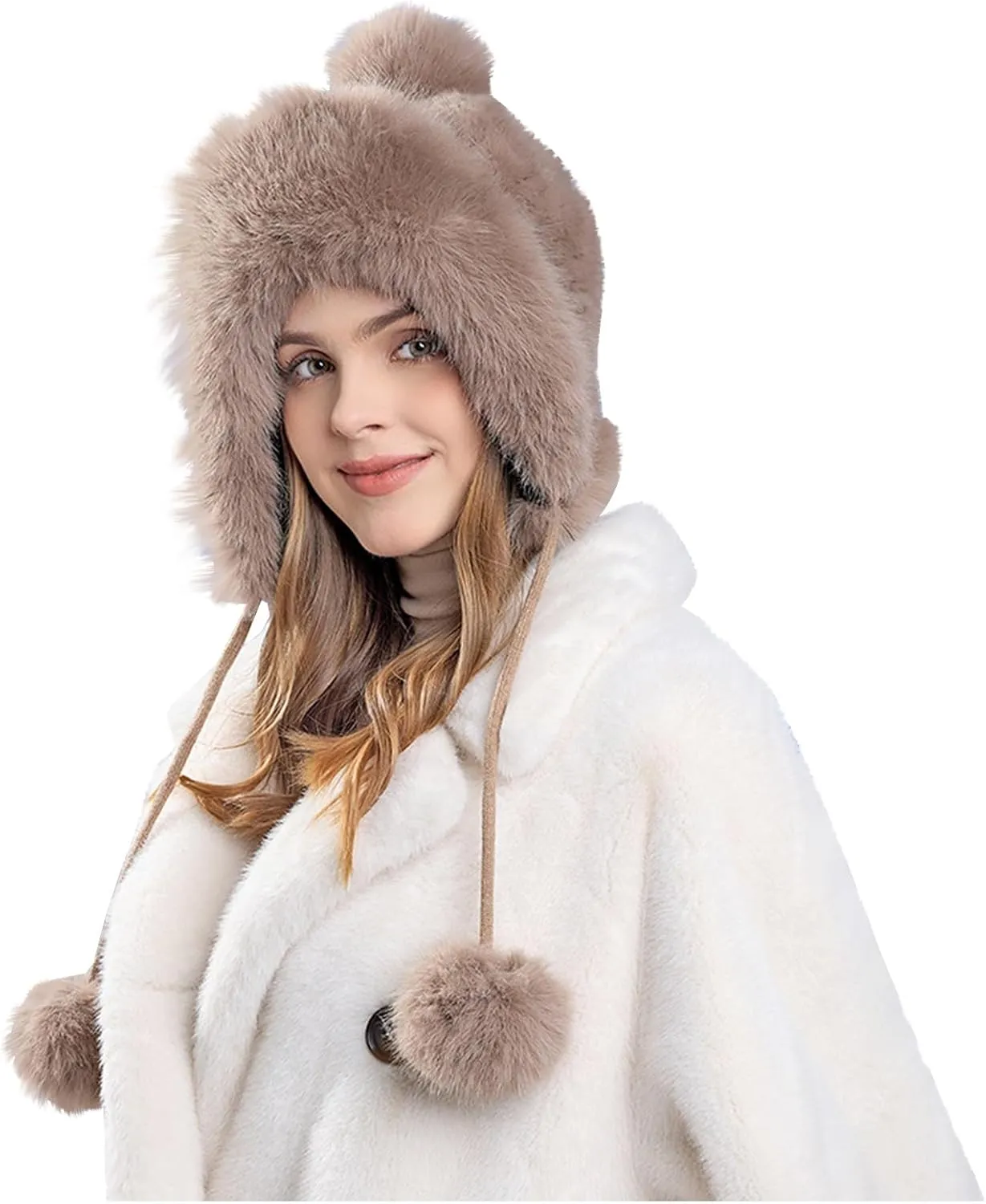 Oplxuo Women Winter Sherpa Beanie Hats Faux Fur Ear Flaps Peruvian Cover Ears Fuzzy Fleece Fluffy Ski Snow Hat 3 Pompoms