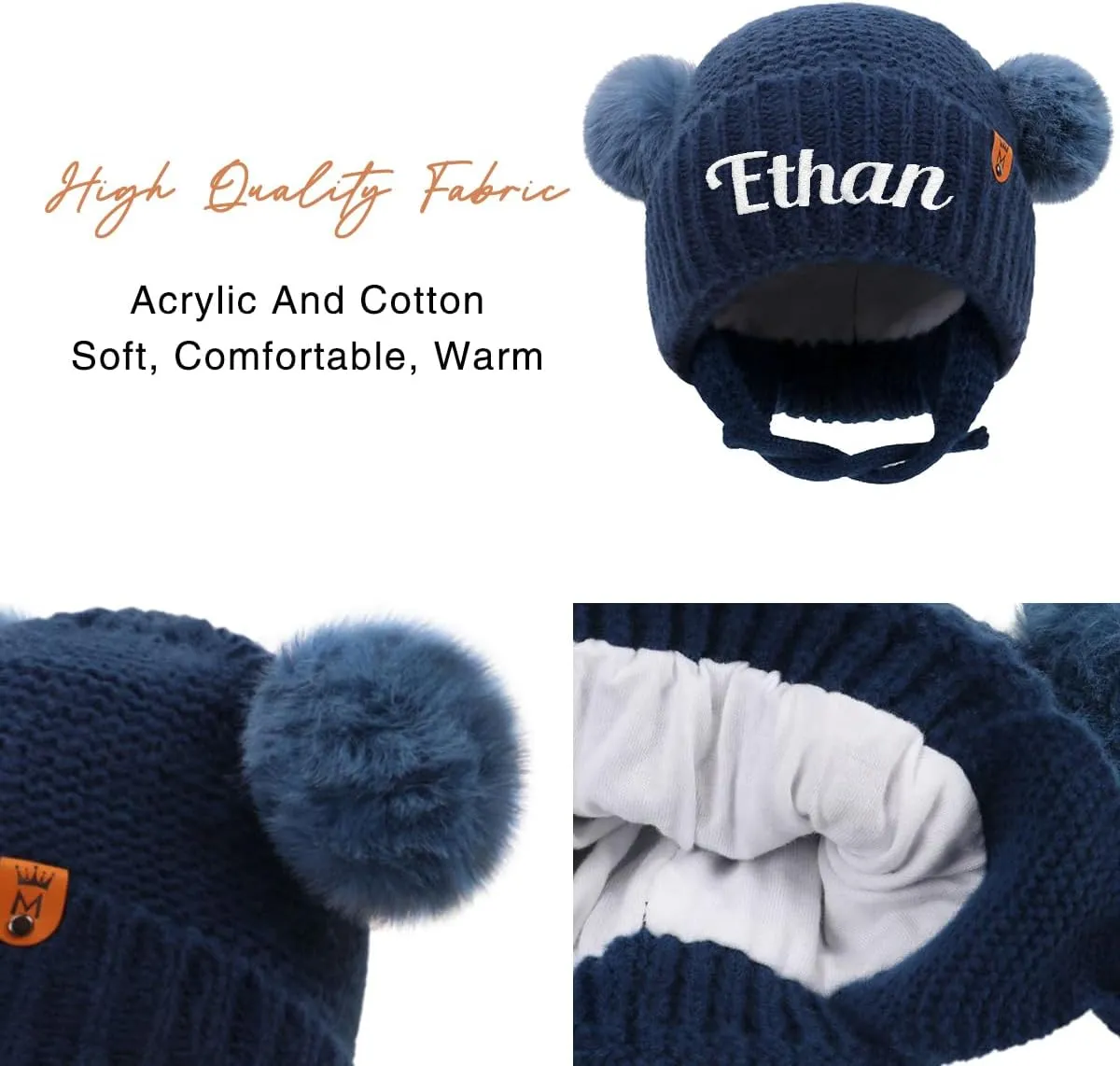 Personalized Baby Beanies Hats, Custom Embroidered Name Knitted Toddler Winter Hat with Earflap
