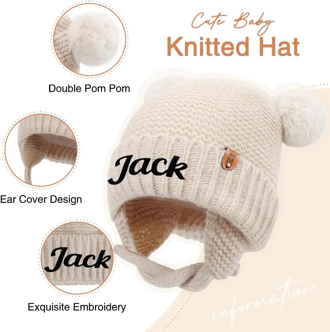 Personalized Baby Beanies Hats, Custom Embroidered Name Knitted Toddler Winter Hat with Earflap