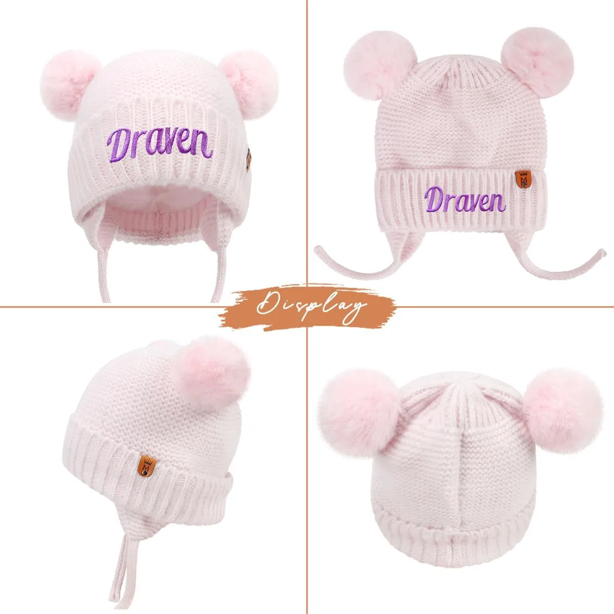 Personalized Baby Beanies Hats, Custom Embroidered Name Knitted Toddler Winter Hat with Earflap