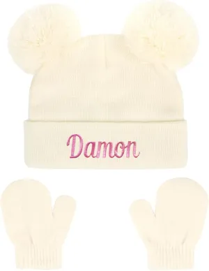 Personalized Baby Beanies Hats, Custom Knitted Toddler Winter Double Pompom Hat