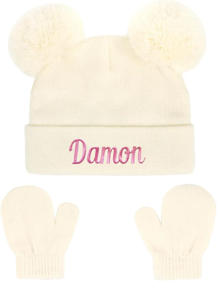 Personalized Baby Beanies Hats, Custom Knitted Toddler Winter Double Pompom Hat