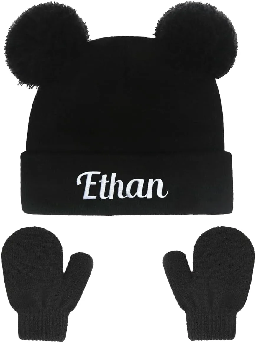 Personalized Baby Beanies Hats, Custom Knitted Toddler Winter Double Pompom Hat