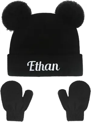Personalized Baby Beanies Hats, Custom Knitted Toddler Winter Double Pompom Hat