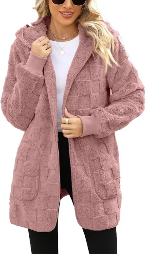 Sherpa Lined Hoodie Womens Sherpa Jacket Fuzzy Hoodie Solid Color Warm Oversized Fleece Jackets Fluffy Coat with Pockets