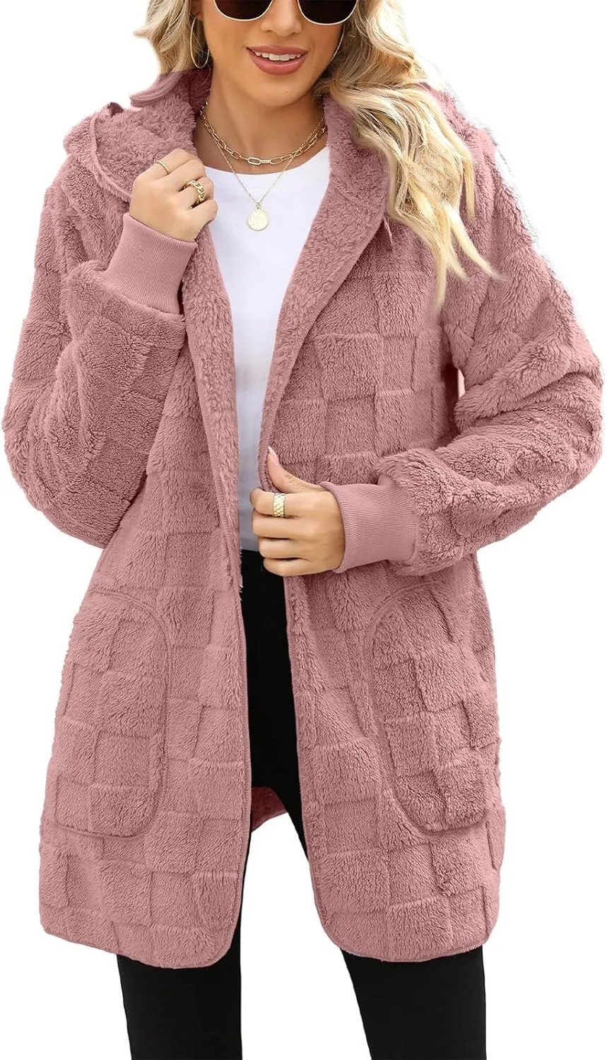 Sherpa Lined Hoodie Womens Sherpa Jacket Fuzzy Hoodie Solid Color Warm Oversized Fleece Jackets Fluffy Coat with Pockets