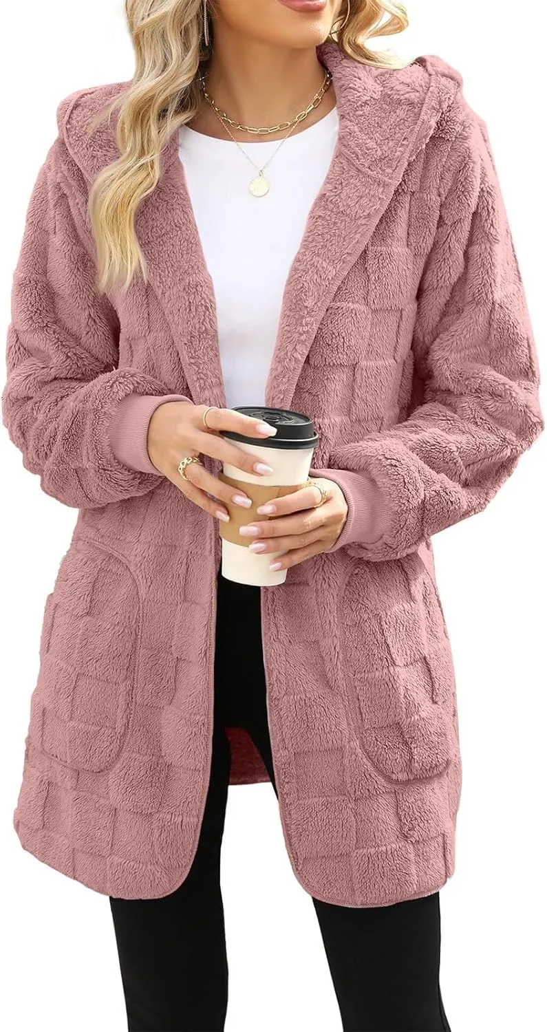 Sherpa Lined Hoodie Womens Sherpa Jacket Fuzzy Hoodie Solid Color Warm Oversized Fleece Jackets Fluffy Coat with Pockets