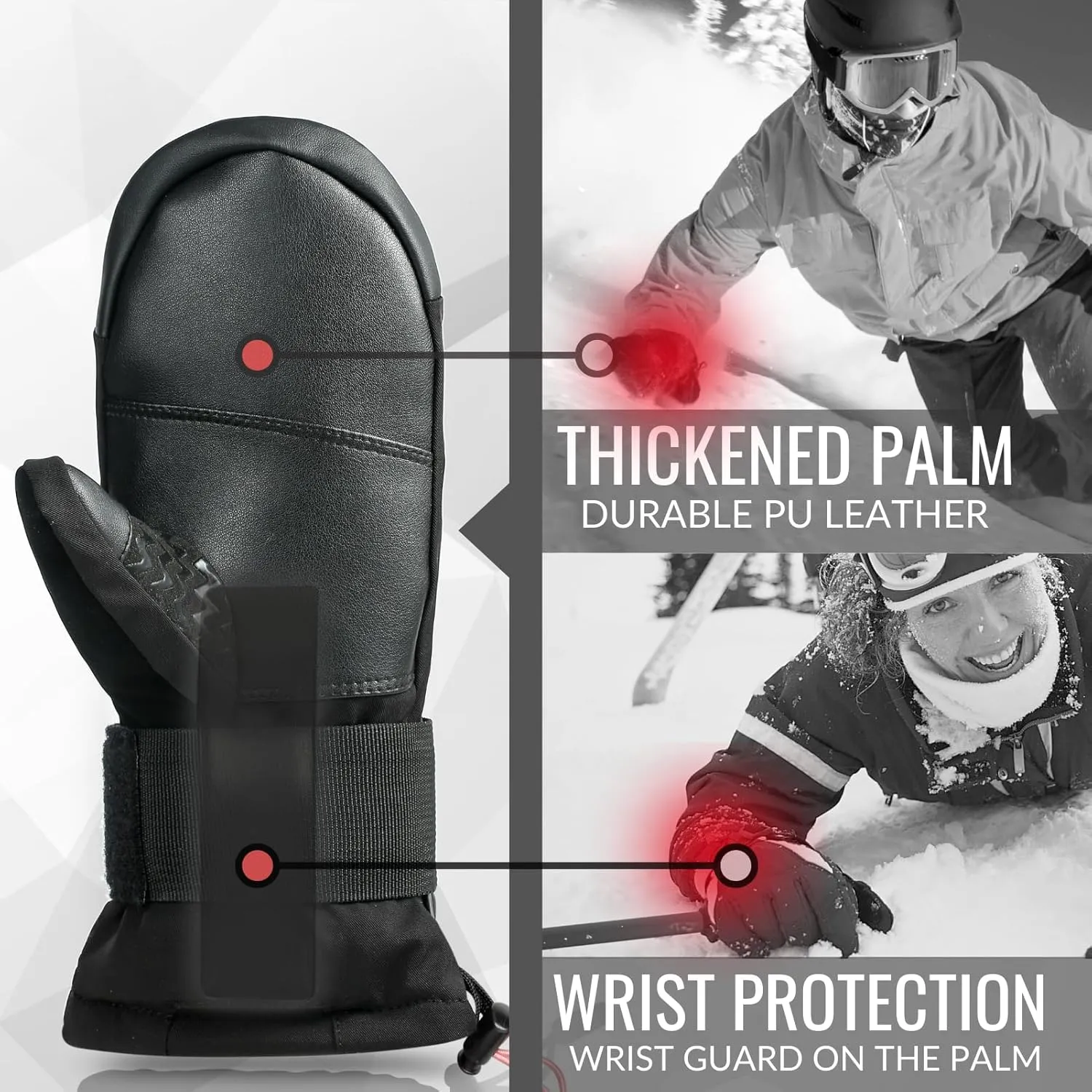 Ski Mittens with Wrist Guards, Waterproof Snowboarding Mittens (S/M/L)
