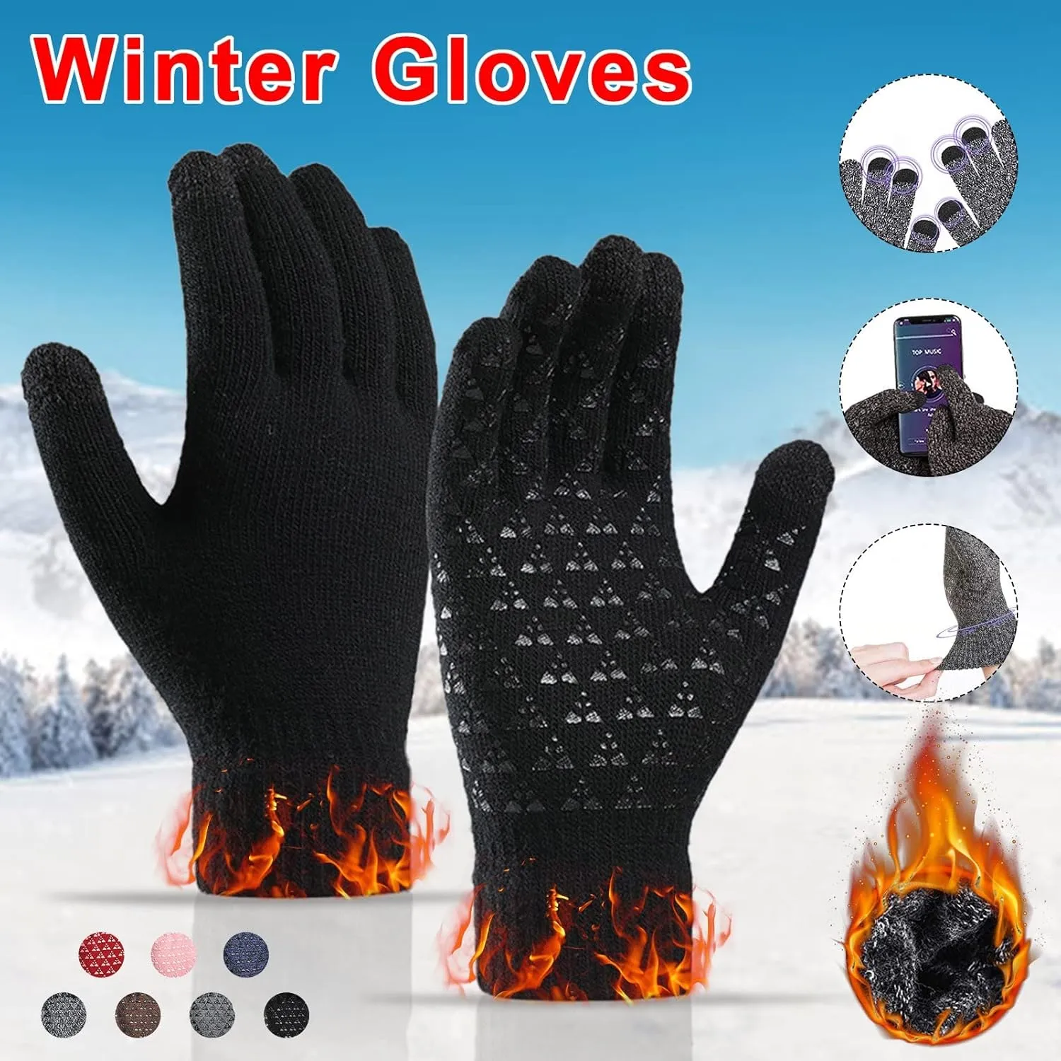 Winter Gloves Men,Full Fingers Touch Screen Thermal Knit Lining Warmers Gloves for Driving Kids Cold Weather Hiking