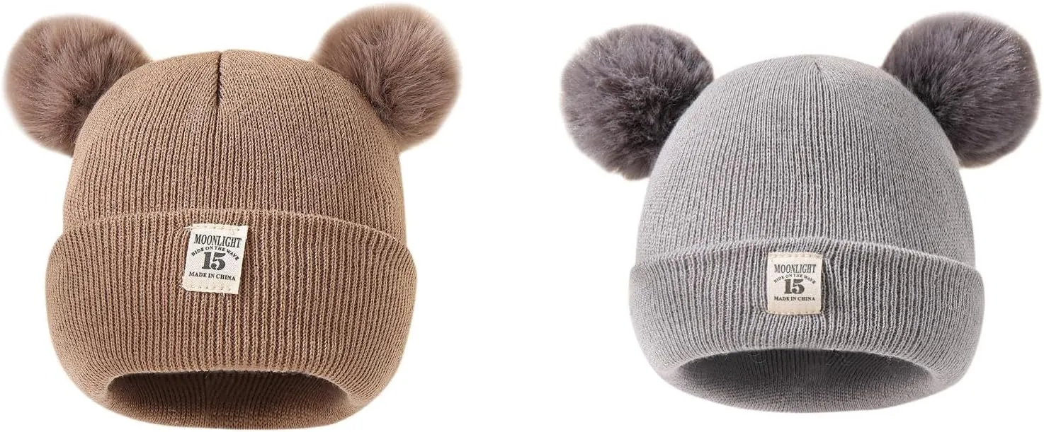 Winter Hat for Kids Toddler Children Boys Girls Beanie with Double Poms Poms Soft Warm Knitted Beanie Hat