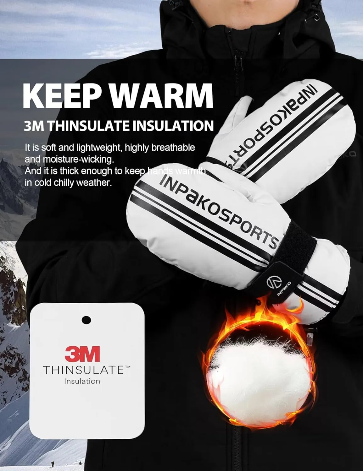 Winter Ski Mittens with Removable Wrist Guard, 3M Thinsulate Snow Mittens with Inside Glove Liners, Waterproof Windproof Touchscreen Snowboard Mitten for Men Women, 5-Layer Thermal Cold Weather