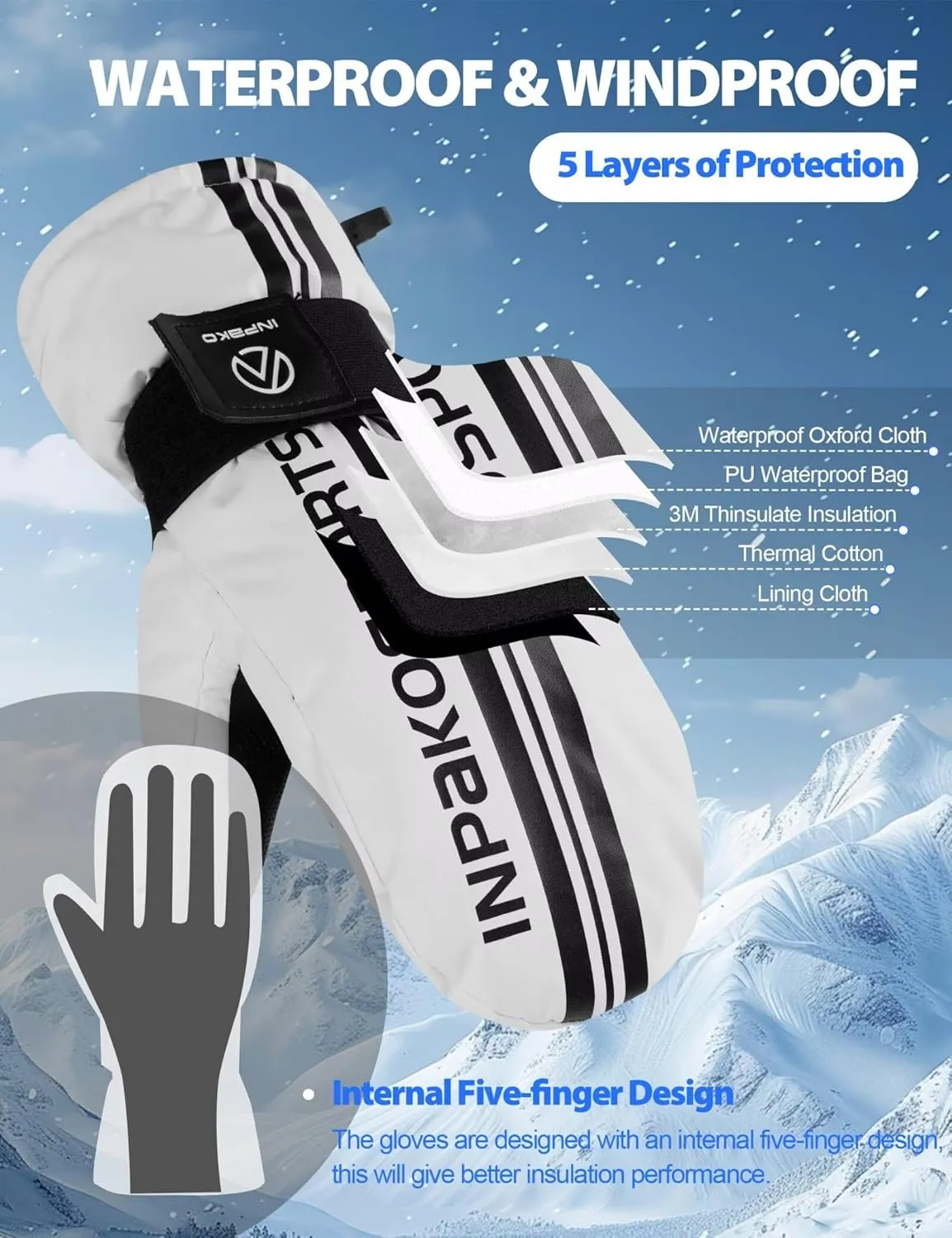 Winter Ski Mittens with Removable Wrist Guard, 3M Thinsulate Snow Mittens with Inside Glove Liners, Waterproof Windproof Touchscreen Snowboard Mitten for Men Women, 5-Layer Thermal Cold Weather
