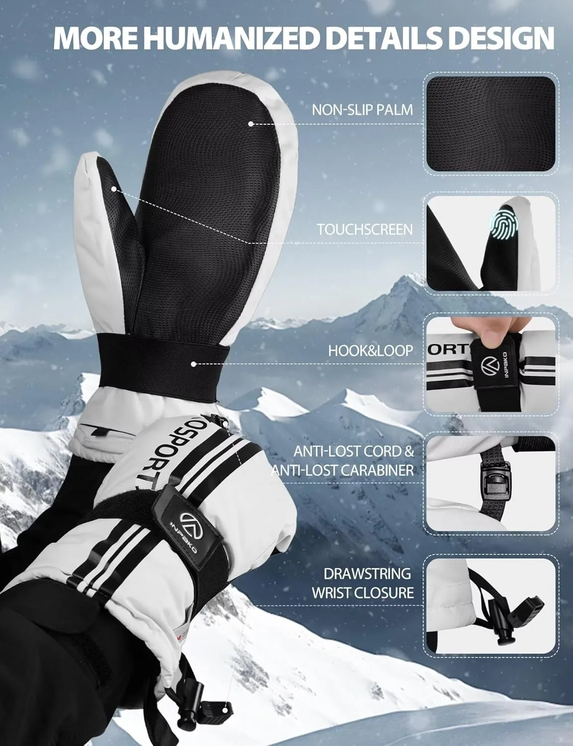 Winter Ski Mittens with Removable Wrist Guard, 3M Thinsulate Snow Mittens with Inside Glove Liners, Waterproof Windproof Touchscreen Snowboard Mitten for Men Women, 5-Layer Thermal Cold Weather
