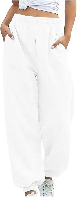 Women Casual Trendy Baggy Sweatpants with Pockets Oversize High Waist Gym Stretch Fit Jogger Pants Workout Lounge Trousers
