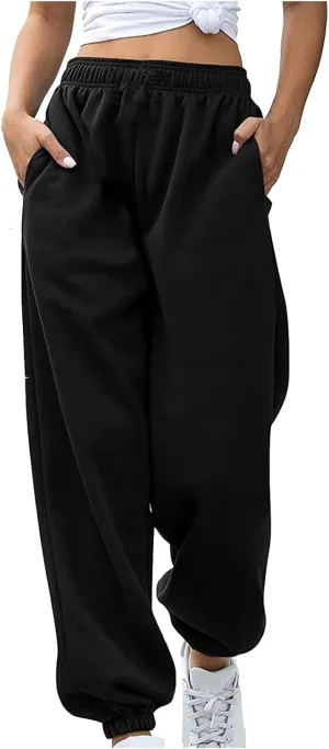 Women Casual Trendy Baggy Sweatpants with Pockets Oversize High Waist Gym Stretch Fit Jogger Pants Workout Lounge Trousers
