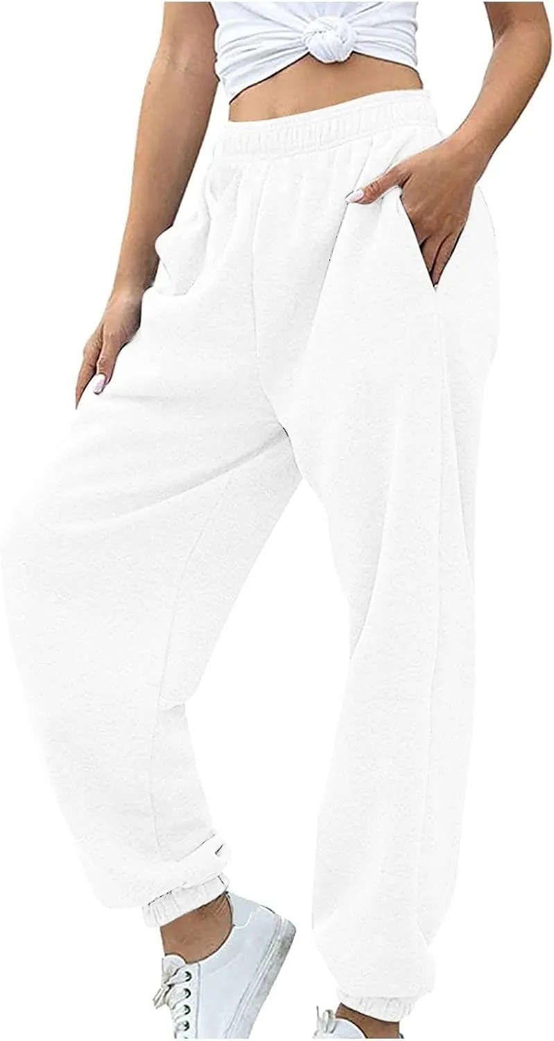 Women Casual Trendy Baggy Sweatpants with Pockets Oversize High Waist Gym Stretch Fit Jogger Pants Workout Lounge Trousers