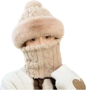 Women One Piece Slouchy Fleece Beanie Hats Scarf Mask Warm Winter Fuzzy Hat Thick Skull Ski Cap Pompom Faux Fur Hats